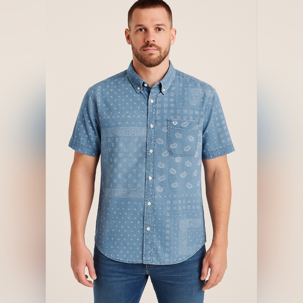 True Religion XL‎ Bandana Patchwork Denim Button-Up Shirt Logo Pocket